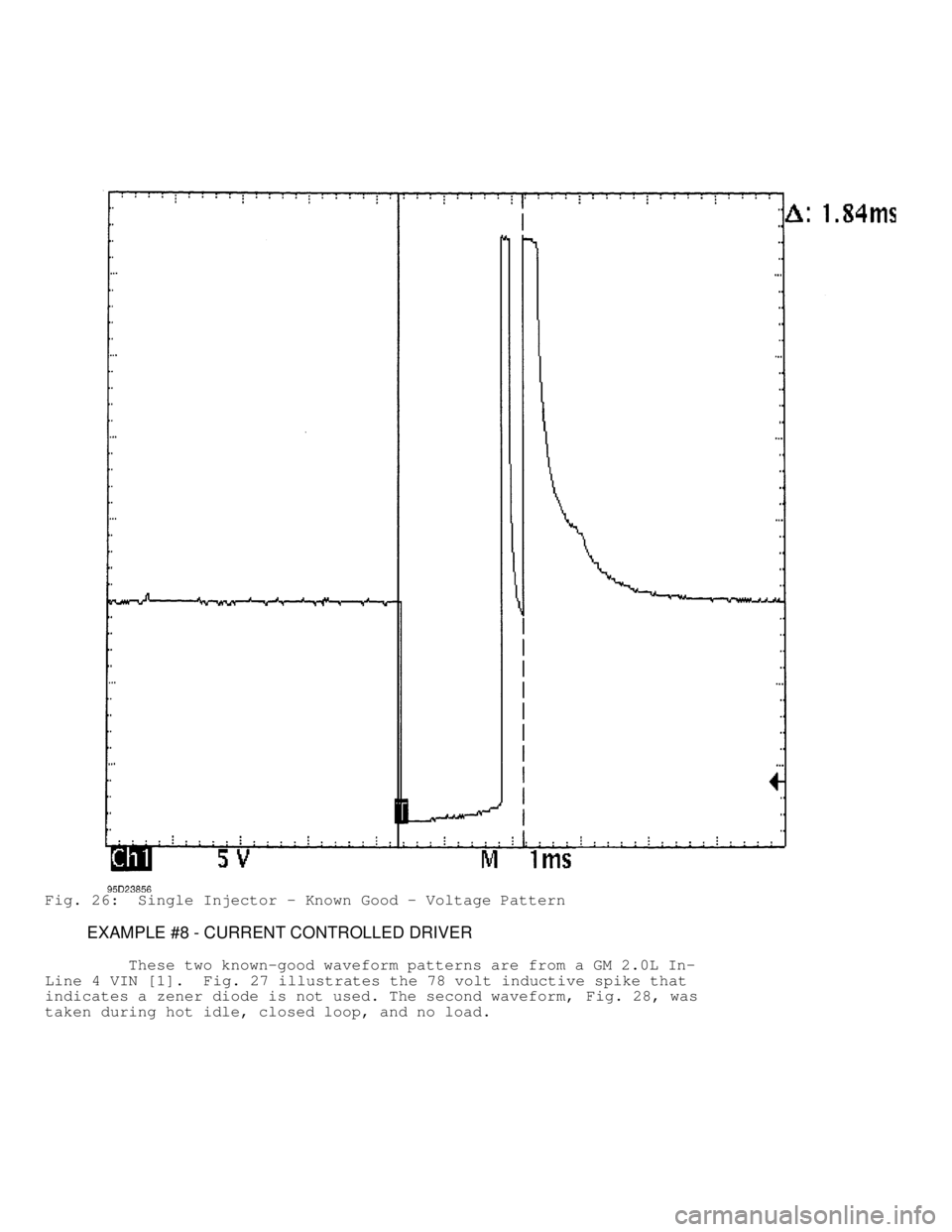 DODGE RAM 1999  Service Repair Manual Fig. 26:  Single Injector - Known Good - Voltage Pattern
         EXAMPLE #8 - CURRENT CONTROLLED DRIVER
         These two known-good waveform patterns are from a GM 2.0L In-
Line 4 VIN [1].   Fig. 2