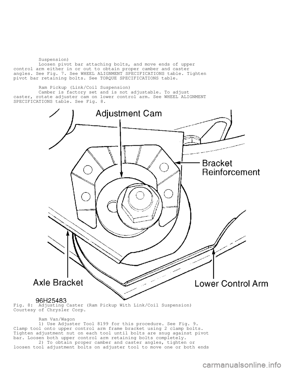 DODGE RAM 1999 Service Repair Manual Suspension)
Loosen pivot bar attaching bolts, and move ends of upper
control arm either in or out to obtain proper camber and caster
angles. See Fig. 7. See WHEEL ALIGNMENT SPECIFICA DODGE RAM 1999 Service Repair Manual Suspension)
Loosen pivot bar attaching bolts, and move ends of upper
control arm either in or out to obtain proper camber and caster
angles. See Fig. 7. See WHEEL ALIGNMENT SPECIFICA