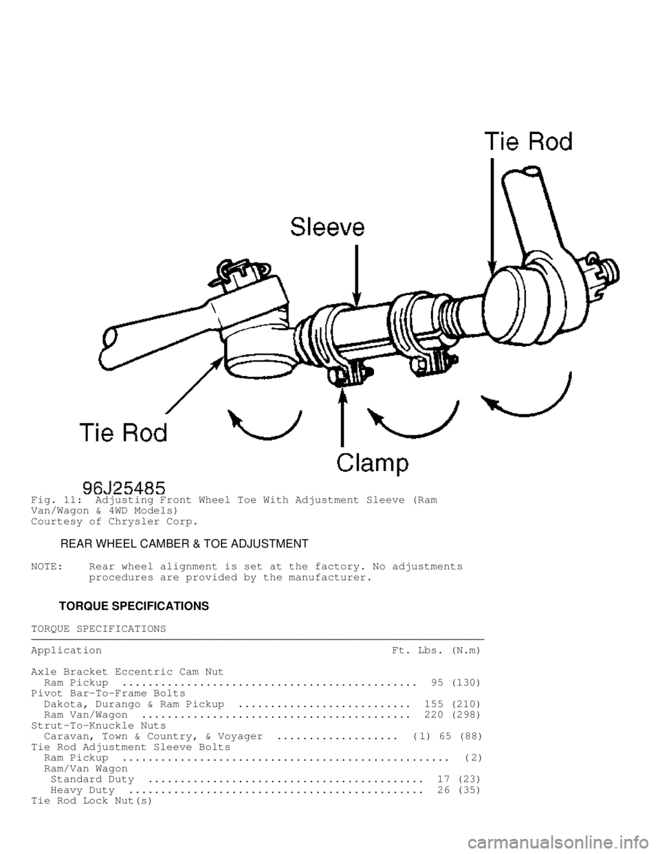 DODGE RAM 1999  Service Repair Manual Fig. 11:  Adjusting Front Wheel Toe With Adjustment Sleeve (Ram
Van/Wagon & 4WD Models)
Courtesy of Chrysler Corp.
         REAR WHEEL CAMBER & TOE ADJUSTMENT
NOTE:    Rear wheel alignment is set at t