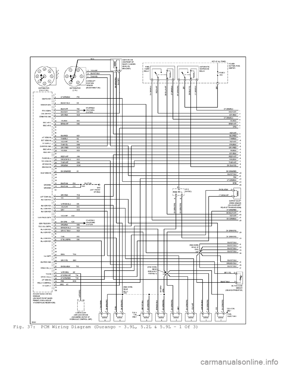 DODGE RAM 1999  Service Repair Manual Fig. 37:  PCM Wiring Diagram (Durango - 3.9L, 5.2L & 5.9L - 1 Of 3)                                      