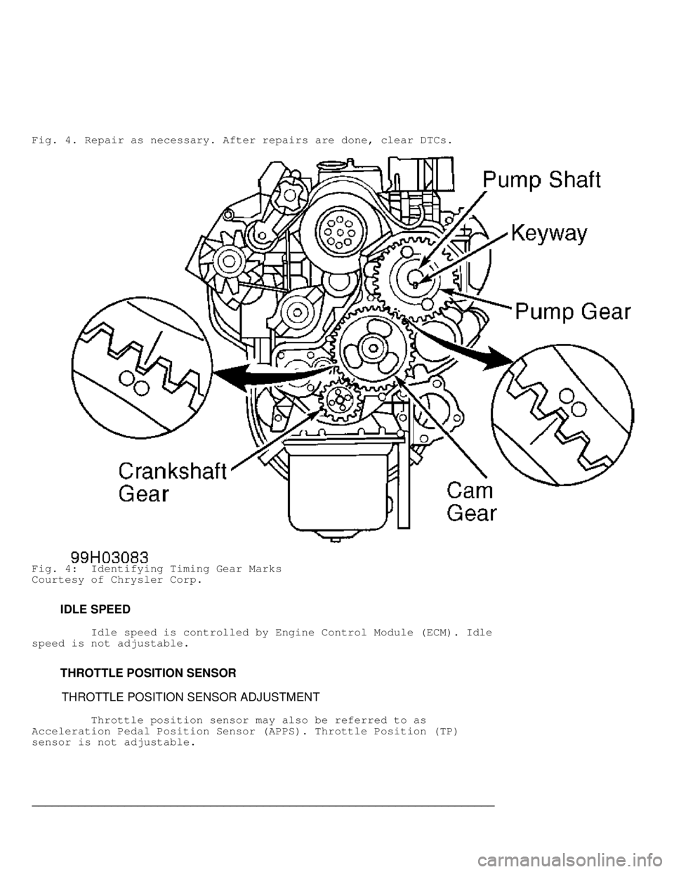 DODGE RAM 1999  Service Repair Manual Fig. 4. Repair as necessary. After repairs are done, clear DTCs.
Fig. 4:  Identifying Timing Gear Marks
Courtesy of Chrysler Corp.
         IDLE SPEED
         Idle speed is controlled by Engine Contr