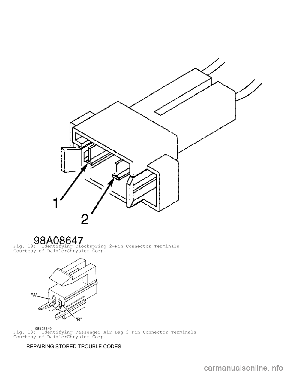 DODGE RAM 1999  Service Repair Manual Fig. 18:  Identifying Clockspring 2-Pin Connector Terminals
Courtesy of DaimlerChrysler Corp.
Fig. 19:  Identifying Passenger Air Bag 2-Pin Connector Terminals
Courtesy of DaimlerChrysler Corp.
      