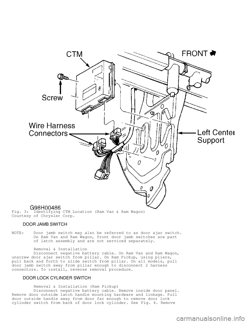 DODGE RAM 1999  Service Repair Manual Fig. 3:  Identifying CTM Location (Ram Van & Ram Wagon)
Courtesy of Chrysler Corp.
         DOOR JAMB SWITCH
NOTE:    Door jamb switch may also be referred to as door ajar switch.
         On Ram Van 