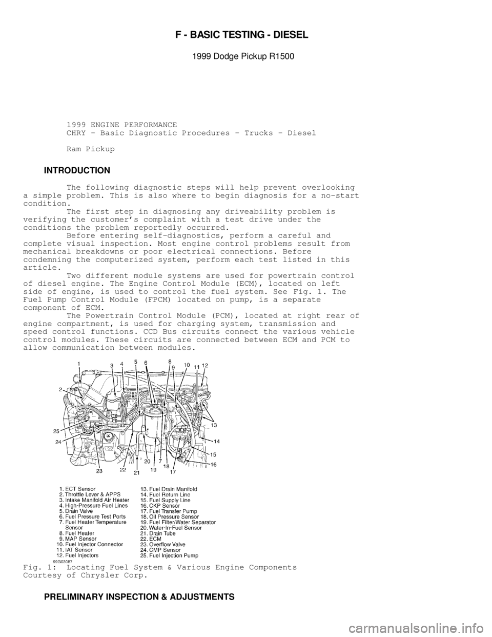 DODGE RAM 1999  Service Repair Manual 
F -  B ASIC  T E STIN G  -  D IE SEL 

1999 D odge P ic ku p R 1500
          1999 ENGINE PERFORMANCE
          CHRY - Basic Diagnostic Procedures - Trucks - Diesel
          Ram Pickup
         IN