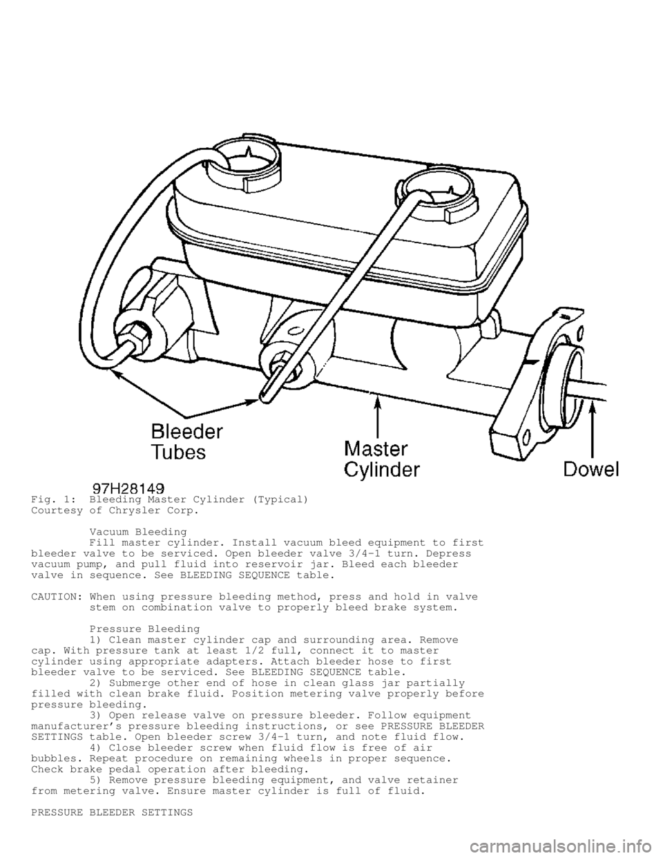 DODGE RAM 1999  Service Repair Manual Fig. 1:  Bleeding Master Cylinder (Typical)
Courtesy of Chrysler Corp.
         Vacuum Bleeding
         Fill master cylinder. Install vacuum bleed equipment to first
bleeder valve to be serviced. Ope