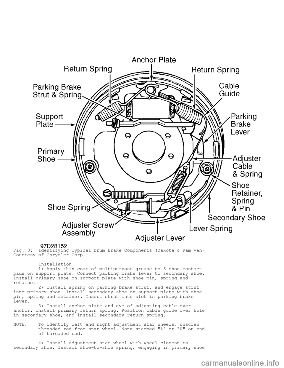 DODGE RAM 1999  Service Repair Manual Fig. 3:  Identifying Typical Drum Brake Components (Dakota & Ram Van)
Courtesy of Chrysler Corp.
         Installation
         1) Apply thin coat of multipurpose grease to 6 shoe contact
pads on supp