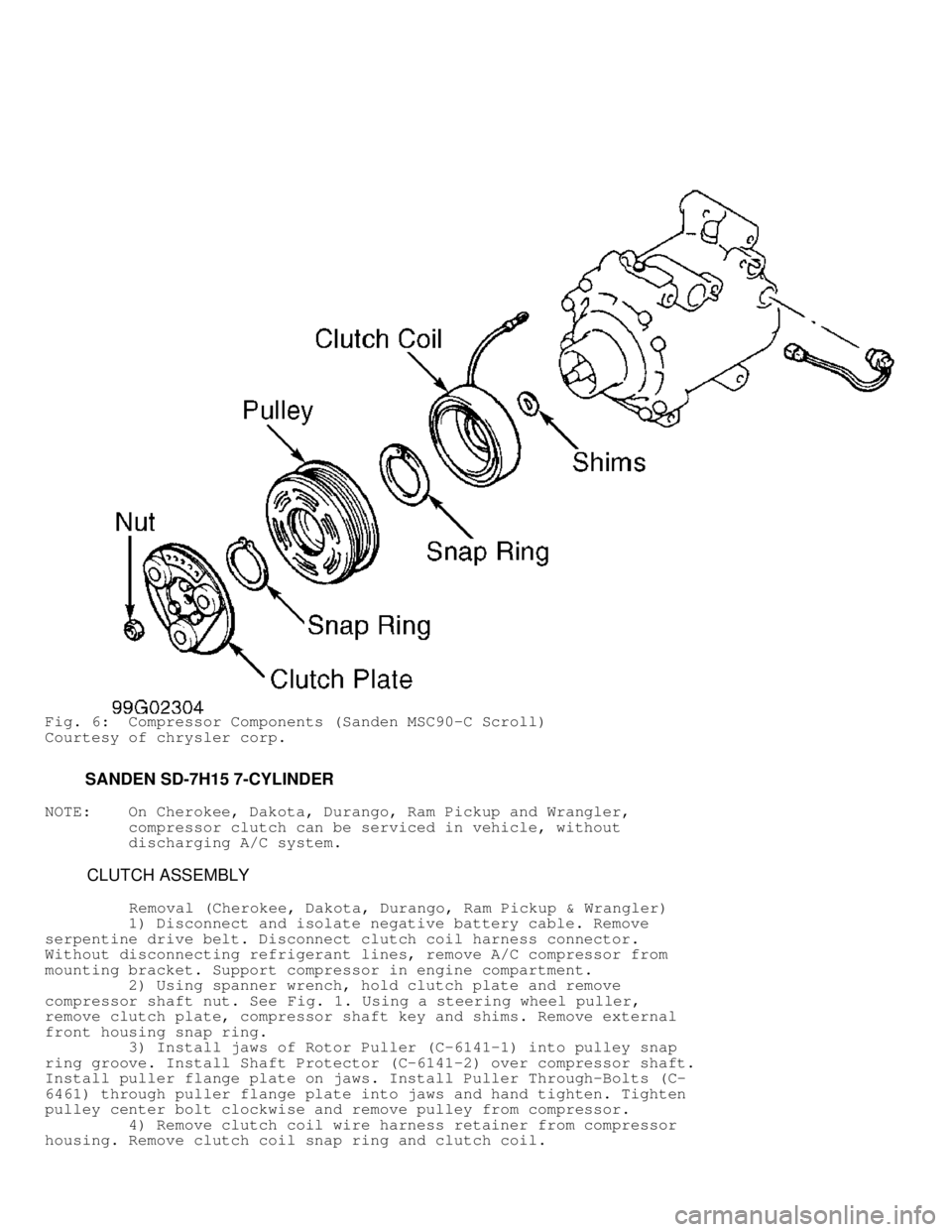 DODGE RAM 1999  Service Owners Guide Fig. 6:  Compressor Components (Sanden MSC90-C Scroll)
Courtesy of chrysler corp.
         SANDEN SD-7H15 7-CYLINDER
NOTE:    On Cherokee, Dakota, Durango, Ram Pickup and Wrangler,
         compressor
