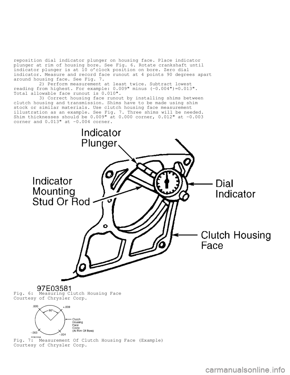 DODGE RAM 1999  Service Repair Manual reposition dial indicator plunger on housing face. Place indicator
plunger at rim of housing bore. See Fig. 6. Rotate crankshaft until
indicator plunger is at 10 oclock position on bore. Zero dial
in