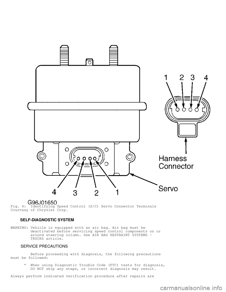 DODGE RAM 1999  Service Repair Manual Fig. 4:  Identifying Speed Control (S/C) Servo Connector Terminals
Courtesy of Chrysler Corp.
         SELF-DIAGNOSTIC SYSTEM
WARNING:  Vehicle is equipped with an air bag. Air bag must be
         de