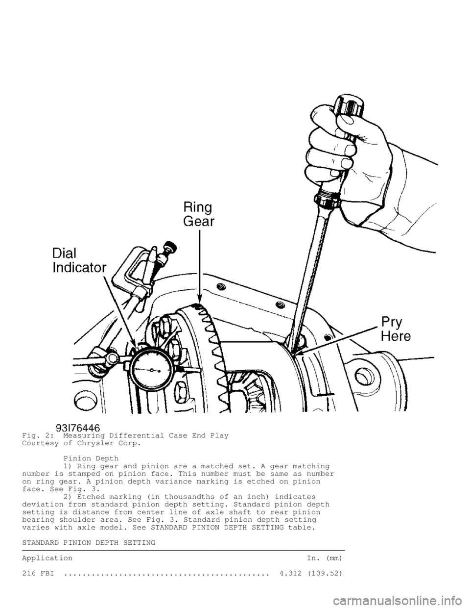 DODGE RAM 1999  Service Repair Manual Fig. 2:  Measuring Differential Case End Play
Courtesy of Chrysler Corp.
         Pinion Depth
         1) Ring gear and pinion are a matched set. A gear matching
number is stamped on pinion face. Thi
