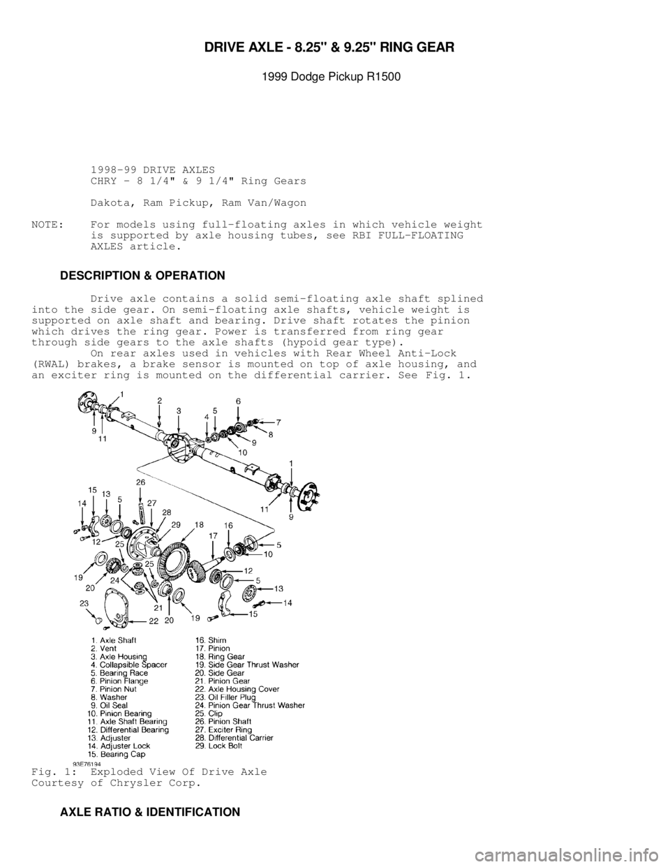 DODGE RAM 1999  Service Repair Manual 
DRIV E A XLE  -  8 .2 5" &  9 .2 5" R IN G  G EA R  

1999 D odge P ic ku p R 1500
          1998-99 DRIVE AXLES
          CHRY - 8 1/4" & 9 1/4" Ring Gears
          Dakota, Ram Pickup, Ram Van/Wa