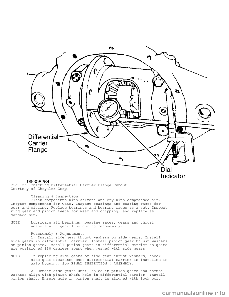 DODGE RAM 1999  Service Repair Manual Fig. 2:  Checking Differential Carrier Flange Runout
Courtesy of Chrysler Corp.
         Cleaning & Inspection
         Clean components with solvent and dry with compressed air.
Inspect components fo