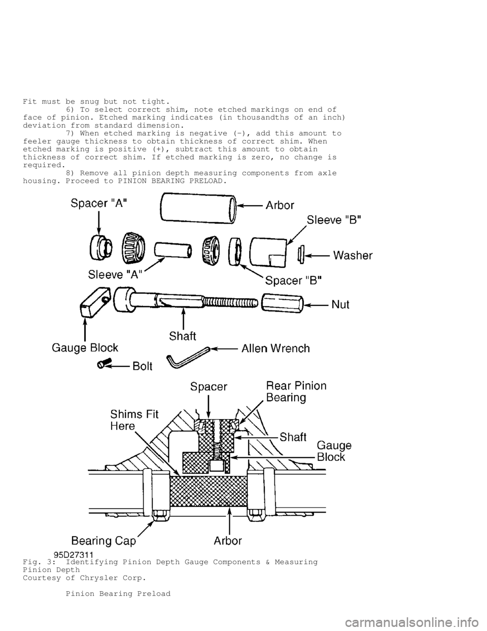 DODGE RAM 1999  Service Repair Manual Fit must be snug but not tight.
         6) To select correct shim, note etched markings on end of
face of pinion. Etched marking indicates (in thousandths of an inch)
deviation from standard dimensio