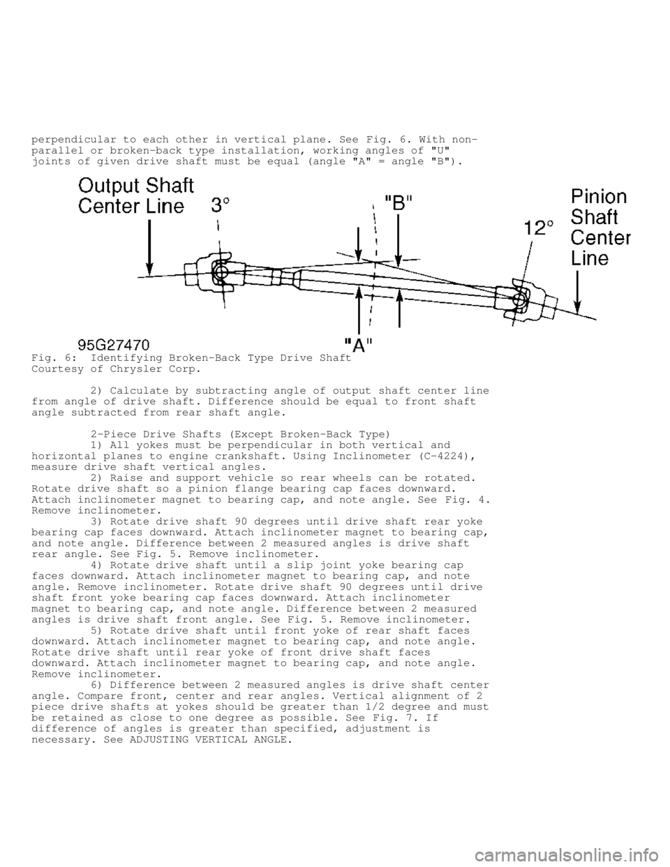 DODGE RAM 1999  Service Repair Manual perpendicular to each other in vertical plane. See Fig. 6. With non-
parallel or broken-back type installation, working angles of "U"
joints of given drive shaft must be equal (angle "A" = angle "B").