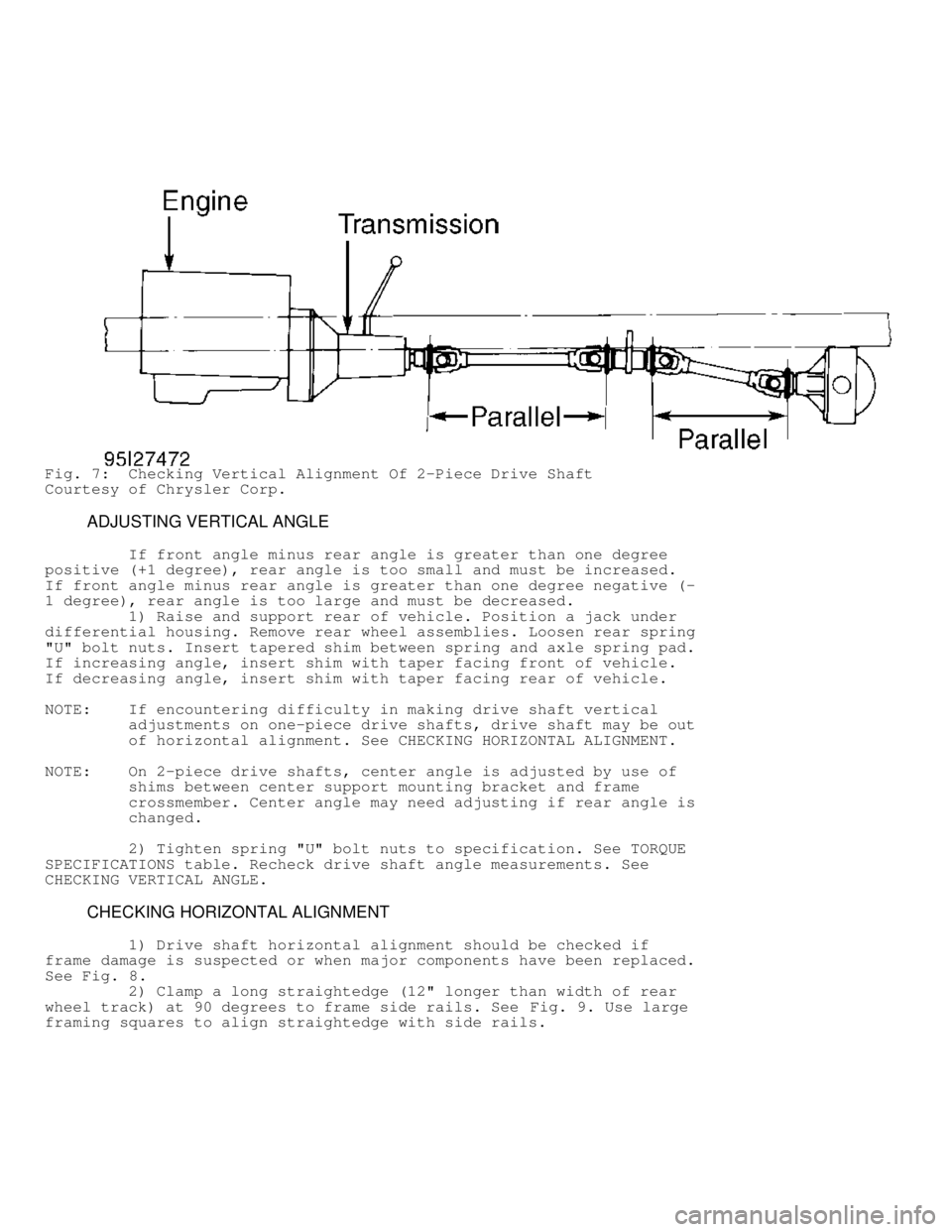 DODGE RAM 1999  Service Repair Manual Fig. 7:  Checking Vertical Alignment Of 2-Piece Drive Shaft
Courtesy of Chrysler Corp.
         ADJUSTING VERTICAL ANGLE
         If front angle minus rear angle is greater than one degree
positive (+