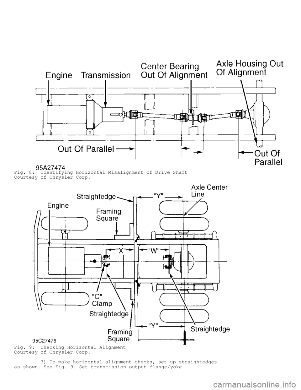 DODGE RAM 1999  Service Repair Manual Fig. 8:  Identifying Horizontal Misalignment Of Drive Shaft
Courtesy of Chrysler Corp.
Fig. 9:  Checking Horizontal Alignment
Courtesy of Chrysler Corp.
         3) To make horizontal alignment checks