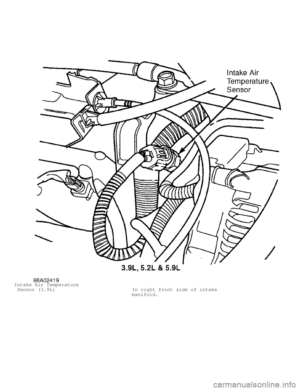 DODGE RAM 1999 Service Repair Manual Intake Air Temperature
Sensor (3.9L) In right front side of intake
manifold. DODGE RAM 1999 Service Repair Manual Intake Air Temperature
Sensor (3.9L) In right front side of intake
manifold.