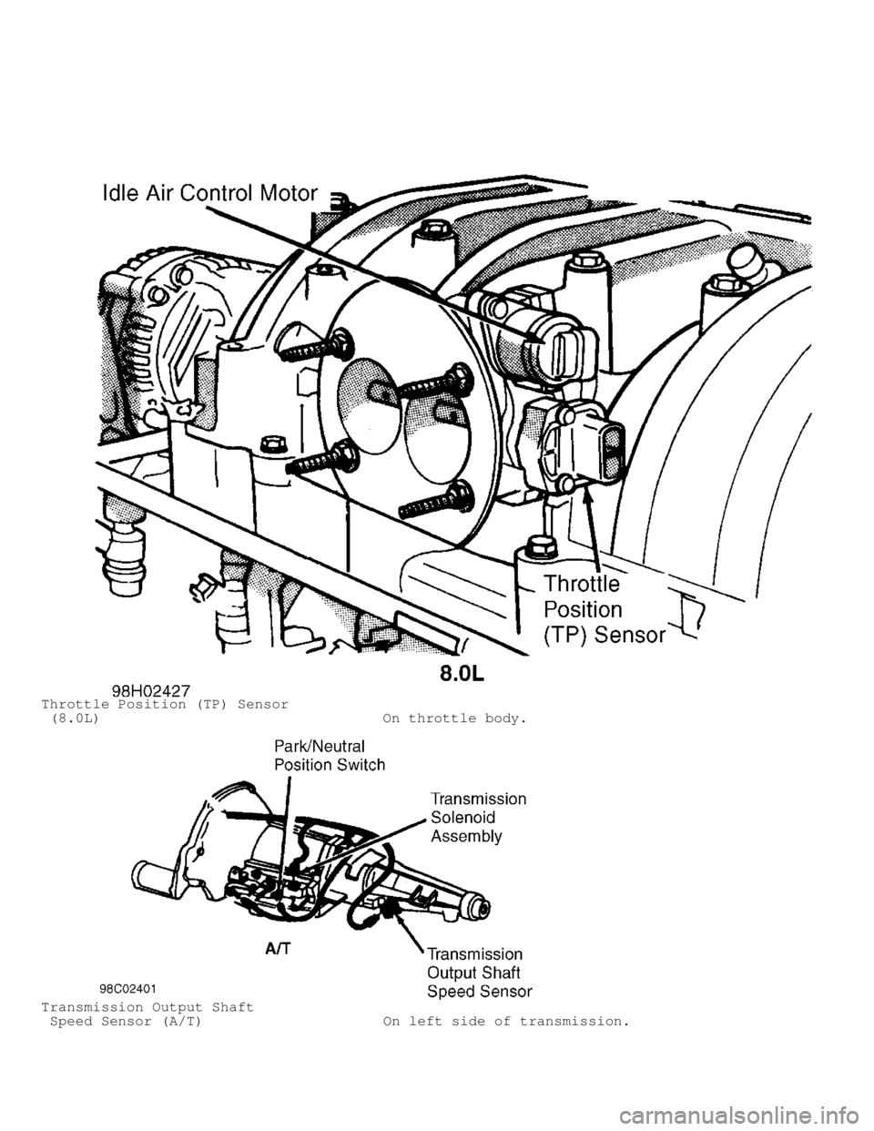 DODGE RAM 1999  Service Repair Manual Throttle Position (TP) Sensor
 (8.0L)                                 On throttle body.
Transmission Output Shaft
 Speed Sensor (A/T)                      On left side of transmission.                