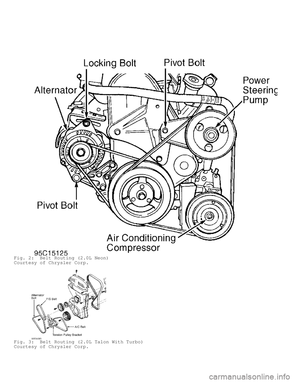 DODGE RAM 1999  Service Repair Manual Fig. 2:  Belt Routing (2.0L Neon)
Courtesy of Chrysler Corp.
Fig. 3:  Belt Routing (2.0L Talon With Turbo)
Courtesy of Chrysler Corp.                                  