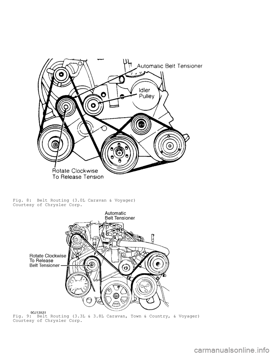 DODGE RAM 1999  Service Repair Manual Fig. 8:  Belt Routing (3.0L Caravan & Voyager)
Courtesy of Chrysler Corp.
Fig. 9:  Belt Routing (3.3L & 3.8L Caravan, Town & Country, & Voyager)\
Courtesy of Chrysler Corp.                           