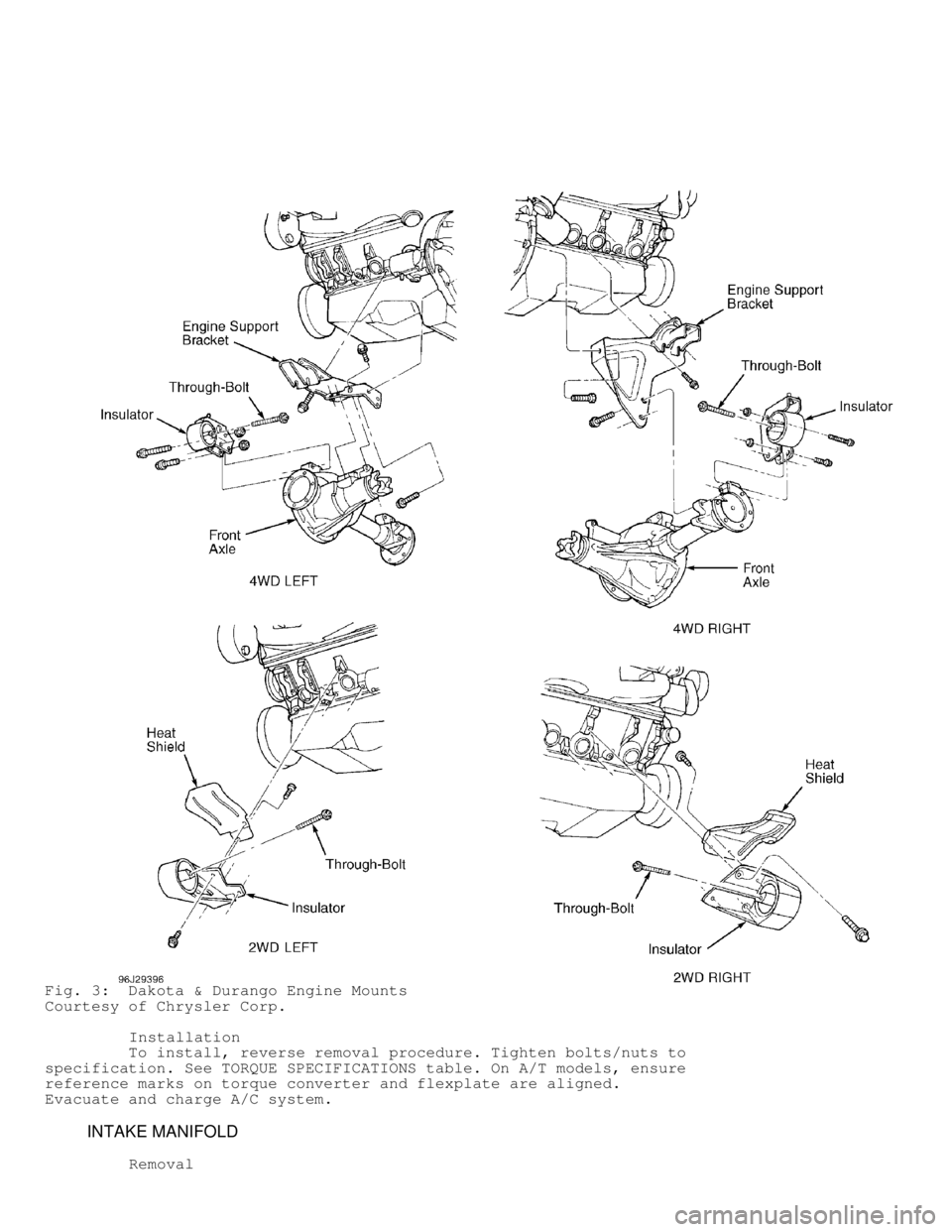 DODGE RAM 1999 Service Repair Manual Fig. 3: Dakota & Durango Engine Mounts
Courtesy of Chrysler Corp.
Installation
To install, reverse removal procedure. Tighten bolts/nuts to
specification. See TORQUE SPECIFICATIONS DODGE RAM 1999 Service Repair Manual Fig. 3: Dakota & Durango Engine Mounts
Courtesy of Chrysler Corp.
Installation
To install, reverse removal procedure. Tighten bolts/nuts to
specification. See TORQUE SPECIFICATIONS