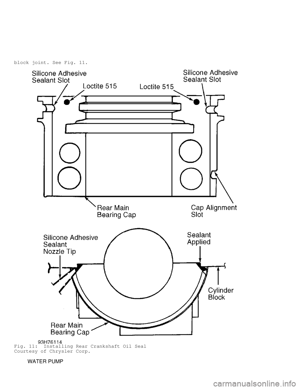 DODGE RAM 1999  Service Repair Manual block joint. See Fig. 11.
Fig. 11:  Installing Rear Crankshaft Oil Seal
Courtesy of Chrysler Corp.
         WATER PUMP                                  