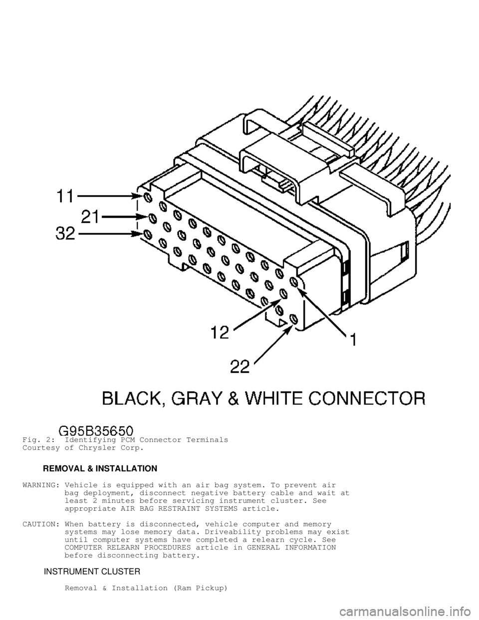 DODGE RAM 1999  Service Repair Manual Fig. 2:  Identifying PCM Connector Terminals
Courtesy of Chrysler Corp.
         REMOVAL & INSTALLATION
WARNING:  Vehicle is equipped with an air bag system. To prevent air
         bag deployment, di