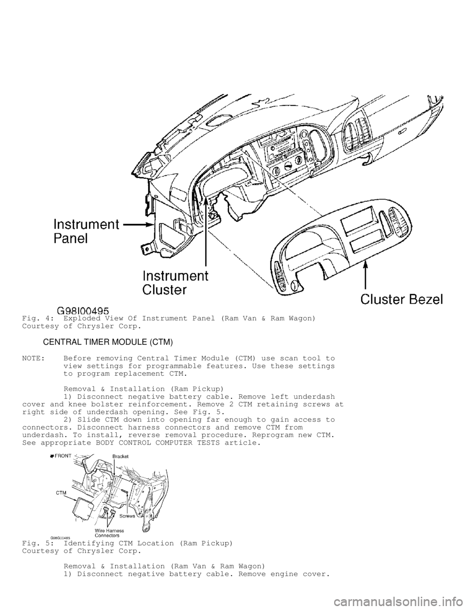 DODGE RAM 1999  Service Repair Manual Fig. 4:  Exploded View Of Instrument Panel (Ram Van & Ram Wagon)
Courtesy of Chrysler Corp.
         CENTRAL TIMER MODULE (CTM)
NOTE:    Before removing Central Timer Module (CTM) use scan tool to
   