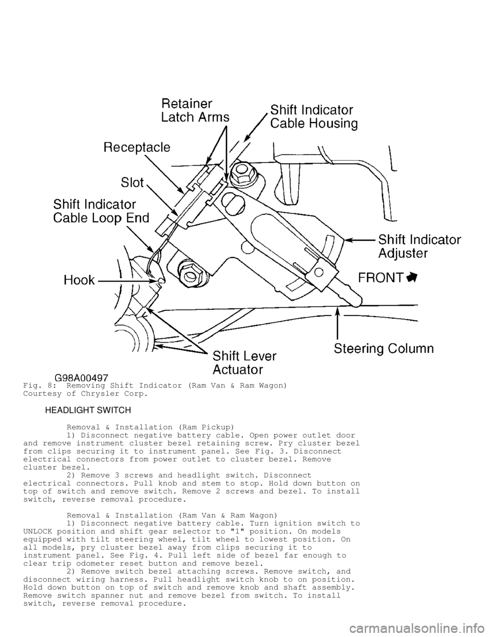 DODGE RAM 1999  Service Repair Manual Fig. 8:  Removing Shift Indicator (Ram Van & Ram Wagon)
Courtesy of Chrysler Corp.
         HEADLIGHT SWITCH
          Removal & Installation (Ram Pickup)
         1) Disconnect negative battery cable