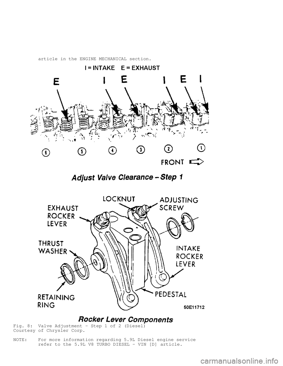 DODGE RAM 1999  Service Repair Manual          article in the ENGINE MECHANICAL section.
Fig. 8:  Valve Adjustment - Step 1 of 2 (Diesel)
Courtesy of Chrysler Corp.
NOTE:    For more information regarding 5.9L Diesel engine service
      