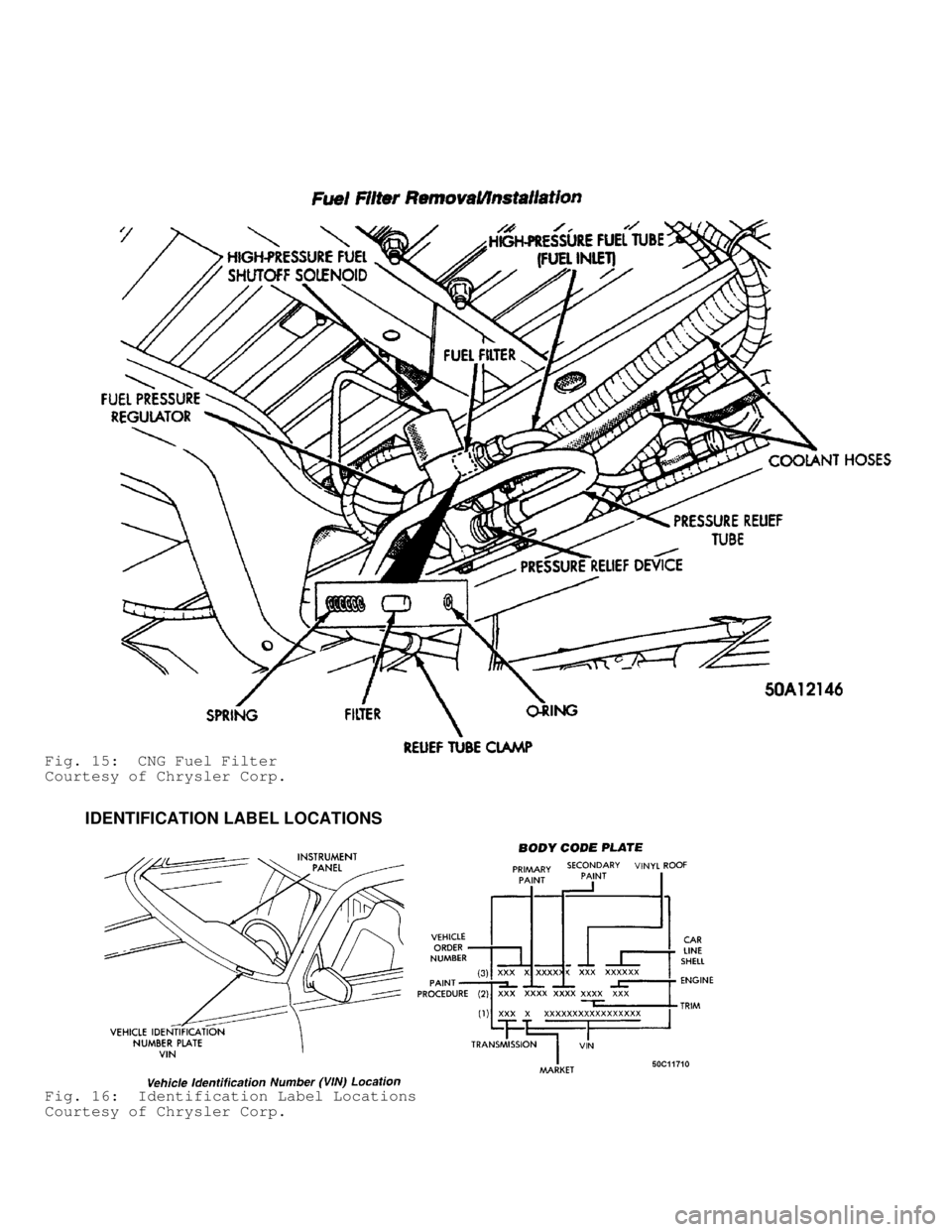 DODGE RAM 1999  Service Repair Manual Fig. 15:  CNG Fuel Filter
Courtesy of Chrysler Corp.
         IDENTIFICATION LABEL LOCATIONS
Fig. 16:  Identification Label Locations
Courtesy of Chrysler Corp.                                    