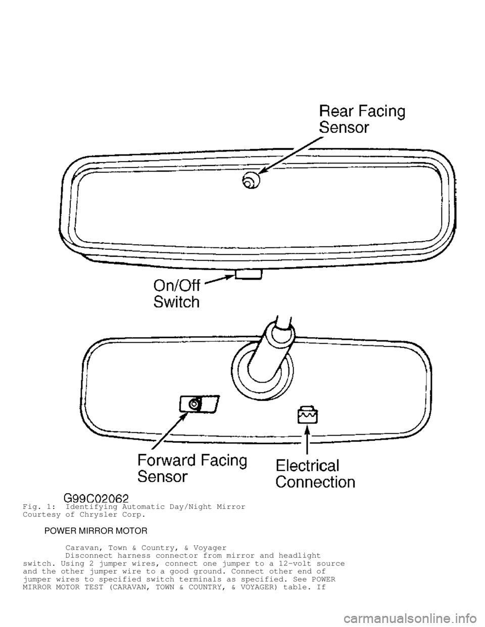 DODGE RAM 1999  Service Repair Manual Fig. 1:  Identifying Automatic Day/Night Mirror
Courtesy of Chrysler Corp.
         POWER MIRROR MOTOR
          Caravan, Town & Country, & Voyager
         Disconnect harness connector from mirror an