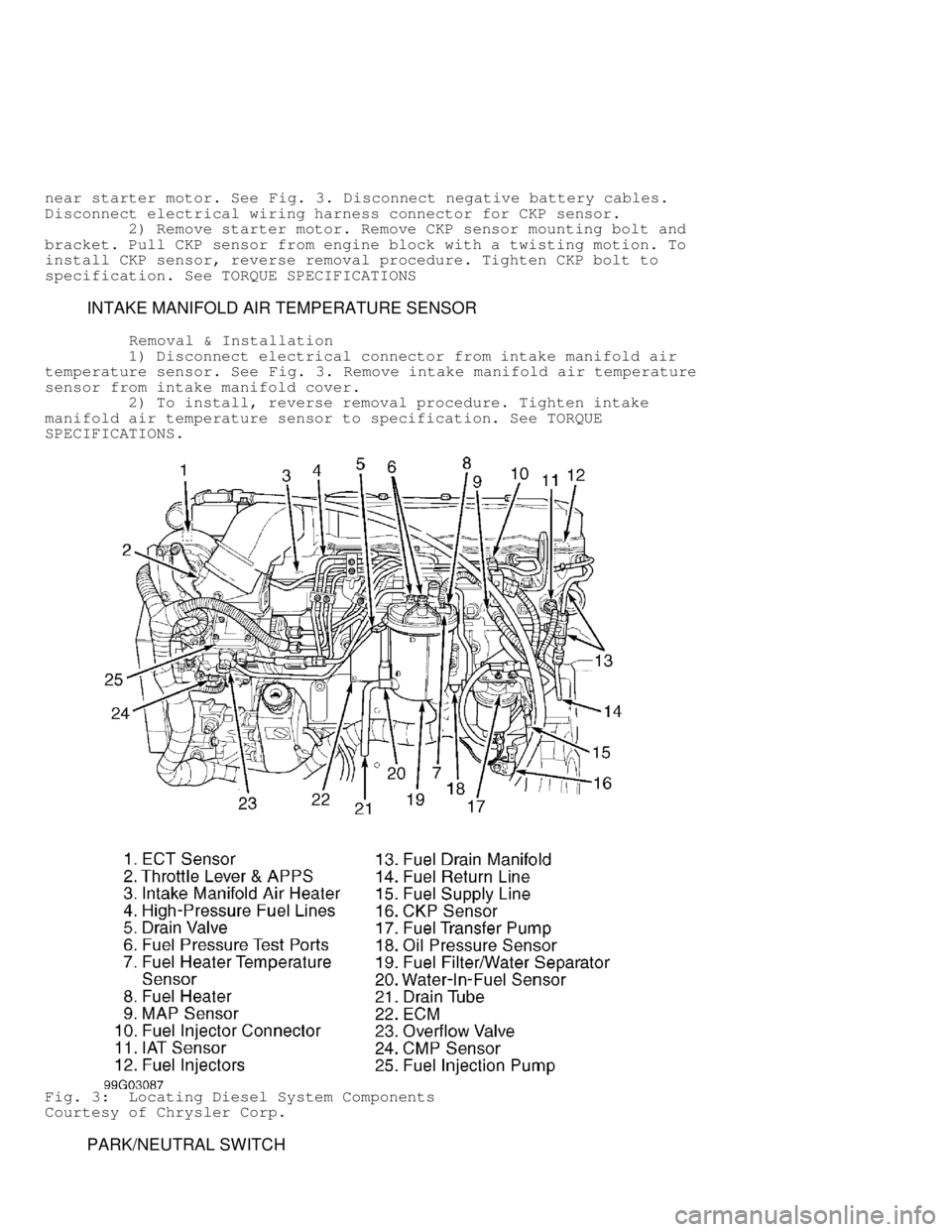 DODGE RAM 1999  Service Repair Manual near starter motor. See Fig. 3. Disconnect negative battery cables.
Disconnect electrical wiring harness connector for CKP sensor.
         2) Remove starter motor. Remove CKP sensor mounting bolt and