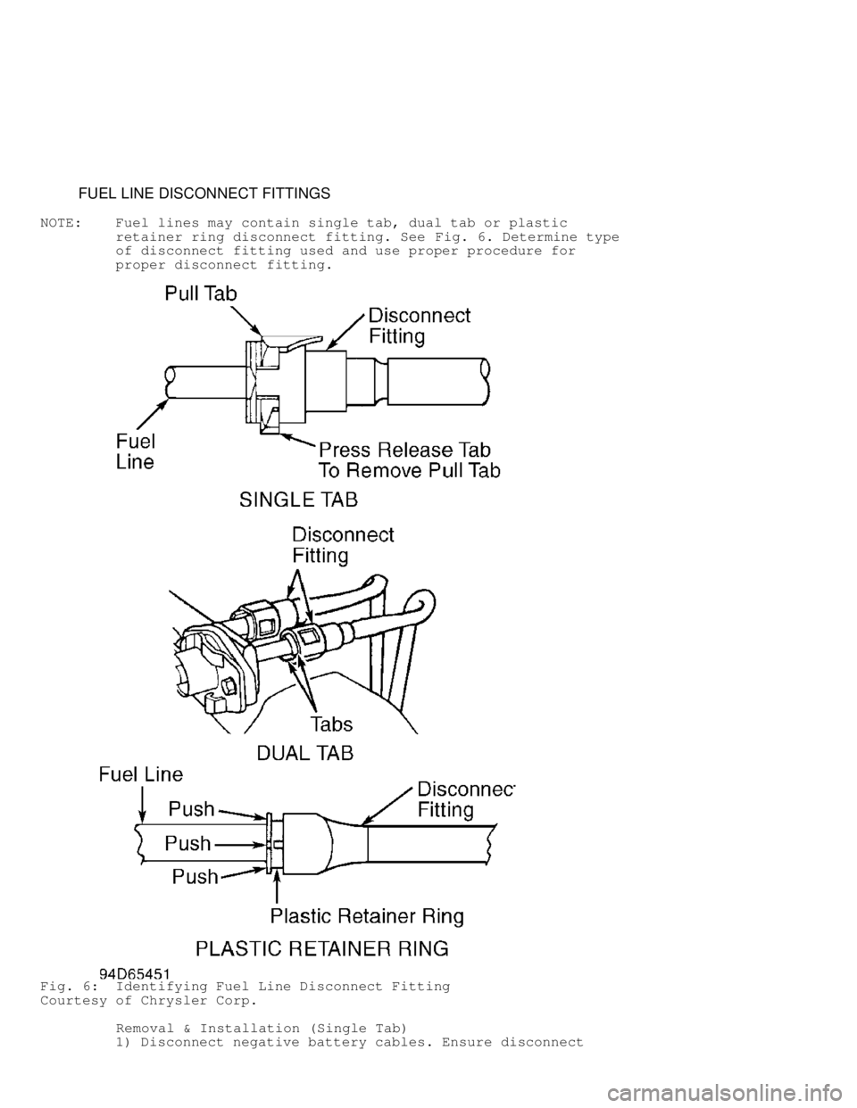 DODGE RAM 1999  Service Repair Manual          FUEL LINE DISCONNECT FITTINGS
NOTE:    Fuel lines may contain single tab, dual tab or plastic
         retainer ring disconnect fitting. See  Fig. 6. Determine type
         of disconnect fit