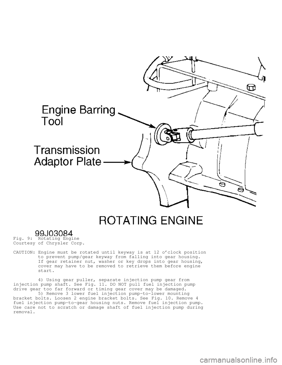 DODGE RAM 1999  Service Repair Manual Fig. 9:  Rotating Engine
Courtesy of Chrysler Corp.
CAUTION: Engine must be rotated until keyway is at 12 oclock position
         to prevent pump/gear keyway from falling into gear housing.
        