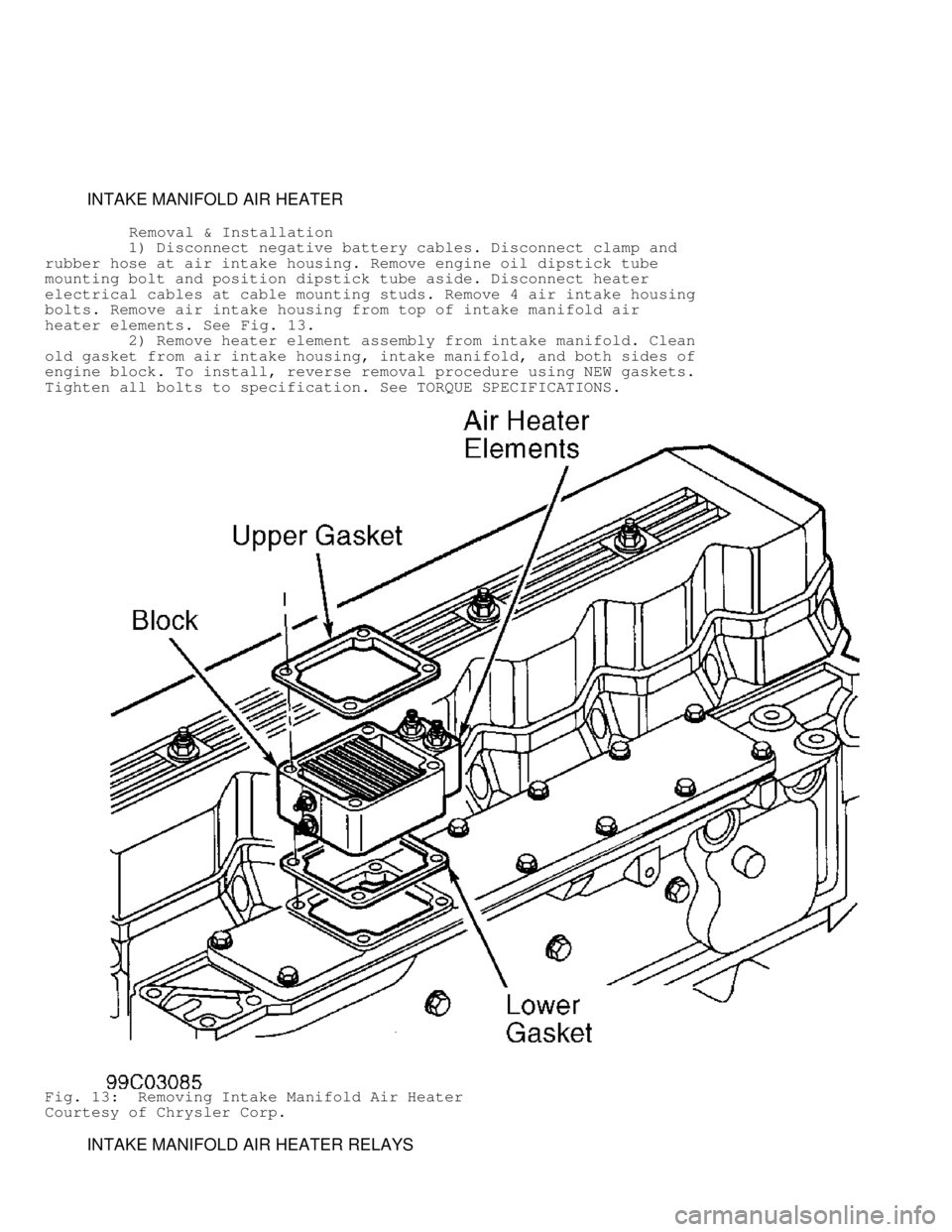 DODGE RAM 1999  Service Repair Manual          INTAKE MANIFOLD AIR HEATER
          Removal & Installation
         1) Disconnect negative battery cables. Disconnect clamp and
rubber hose at air intake housing. Remove engine oil dipstick 