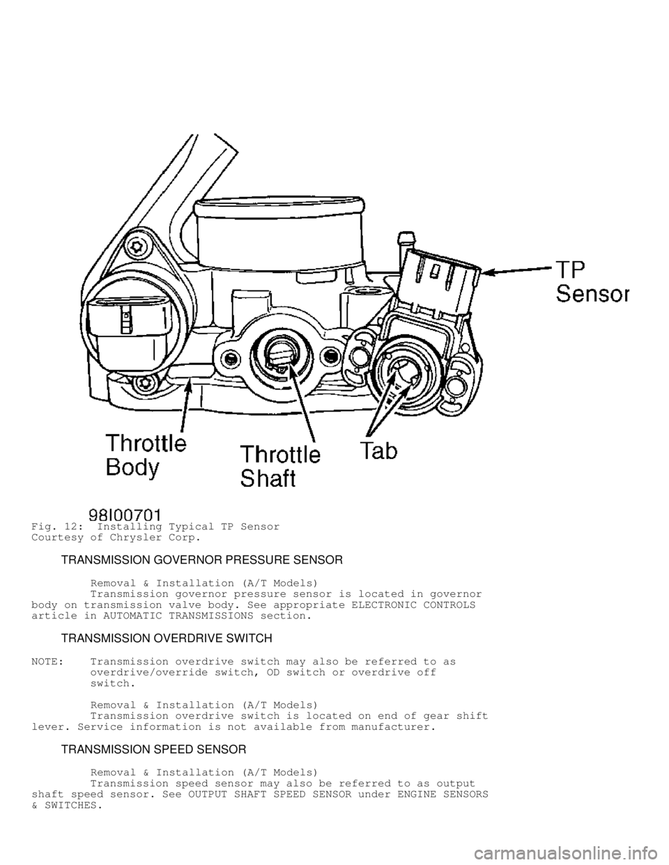 DODGE RAM 1999 Service Repair Manual Fig. 12: Installing Typical TP Sensor
Courtesy of Chrysler Corp.
TRANSMISSION GOVERNOR PRESSURE SENSOR
Removal & Installation (A/T Models)
Transmission governor pressure s DODGE RAM 1999 Service Repair Manual Fig. 12: Installing Typical TP Sensor
Courtesy of Chrysler Corp.
TRANSMISSION GOVERNOR PRESSURE SENSOR
Removal & Installation (A/T Models)
Transmission governor pressure s