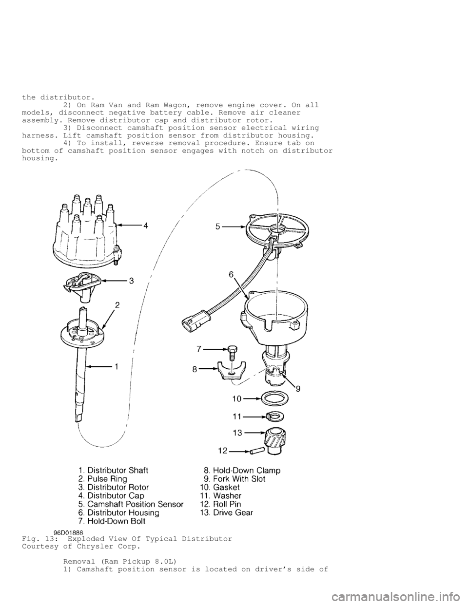 DODGE RAM 1999  Service Repair Manual the distributor.
         2) On Ram Van and Ram Wagon, remove engine cover. On all
models, disconnect negative battery cable. Remove air cleaner
assembly. Remove distributor cap and distributor rotor.