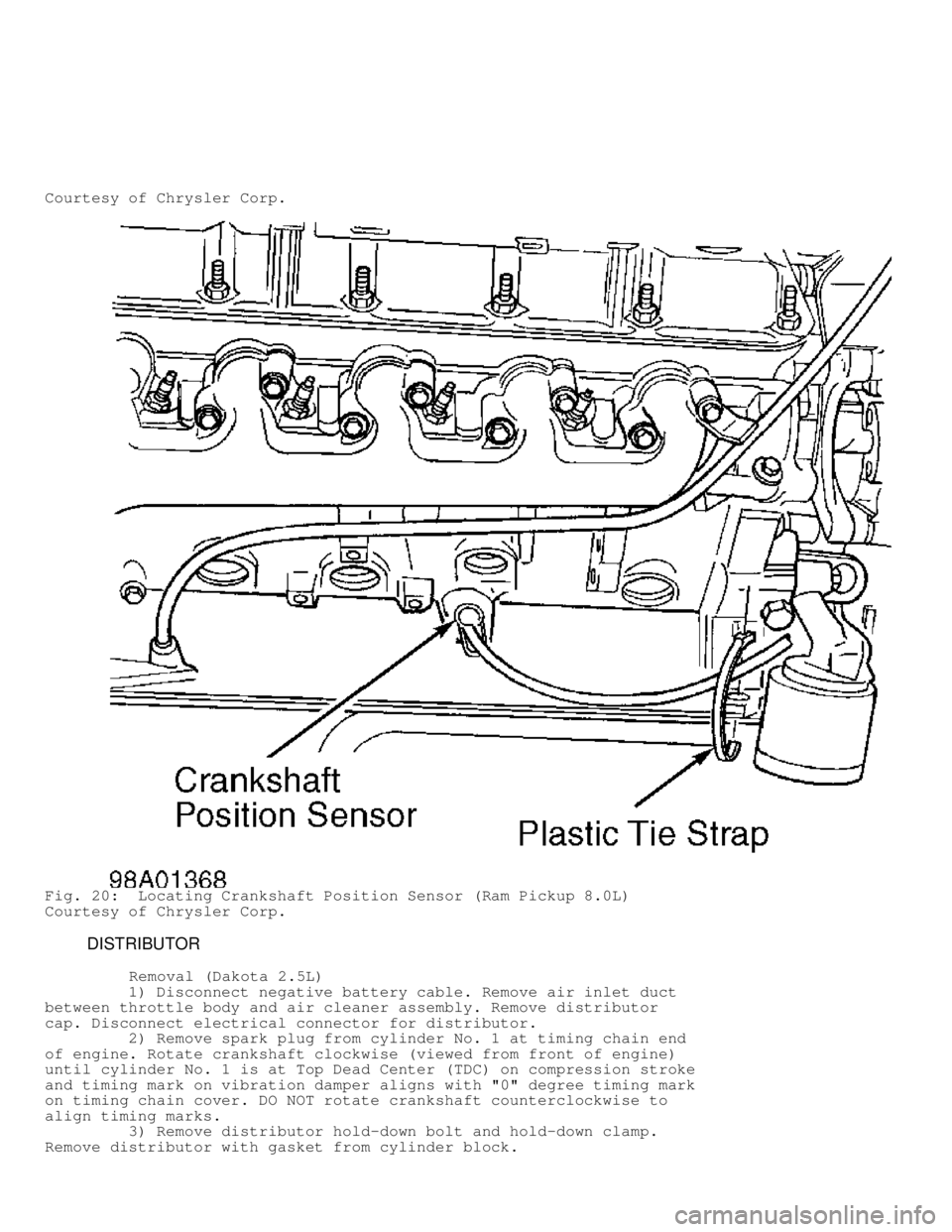DODGE RAM 1999 Service Repair Manual Courtesy of Chrysler Corp.
Fig. 20: Locating Crankshaft Position Sensor (Ram Pickup 8.0L)
Courtesy of Chrysler Corp.
DISTRIBUTOR
Removal (Dakota 2.5L)
1) Disconnect negati DODGE RAM 1999 Service Repair Manual Courtesy of Chrysler Corp.
Fig. 20: Locating Crankshaft Position Sensor (Ram Pickup 8.0L)
Courtesy of Chrysler Corp.
DISTRIBUTOR
Removal (Dakota 2.5L)
1) Disconnect negati