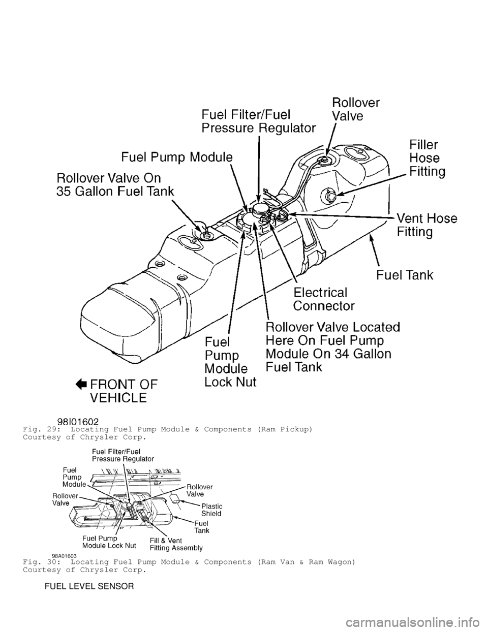 DODGE RAM 1999 Service Repair Manual Fig. 29: Locating Fuel Pump Module & Components (Ram Pickup)
Courtesy of Chrysler Corp.
Fig. 30: Locating Fuel Pump Module & Components (Ram Van & Ram Wagon)\
Courtesy of Chrysler Corp.
FU DODGE RAM 1999 Service Repair Manual Fig. 29: Locating Fuel Pump Module & Components (Ram Pickup)
Courtesy of Chrysler Corp.
Fig. 30: Locating Fuel Pump Module & Components (Ram Van & Ram Wagon)\
Courtesy of Chrysler Corp.
FU