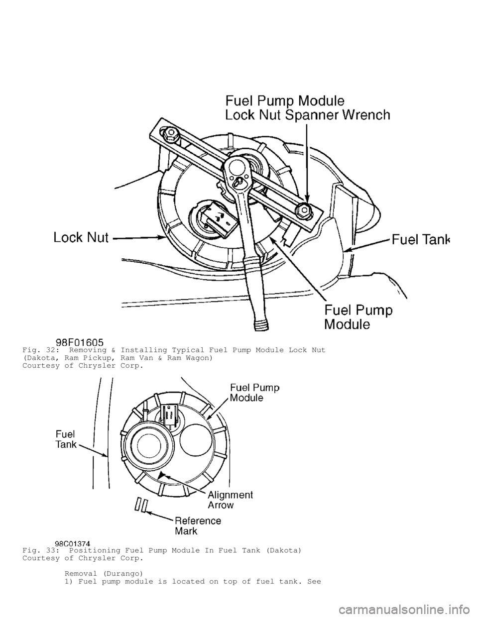 DODGE RAM 1999 Service Repair Manual Fig. 32: Removing & Installing Typical Fuel Pump Module Lock Nut
(Dakota, Ram Pickup, Ram Van & Ram Wagon)
Courtesy of Chrysler Corp.
Fig. 33: Positioning Fuel Pump Module In Fuel Tank (Dakota)
Cour DODGE RAM 1999 Service Repair Manual Fig. 32: Removing & Installing Typical Fuel Pump Module Lock Nut
(Dakota, Ram Pickup, Ram Van & Ram Wagon)
Courtesy of Chrysler Corp.
Fig. 33: Positioning Fuel Pump Module In Fuel Tank (Dakota)
Cour