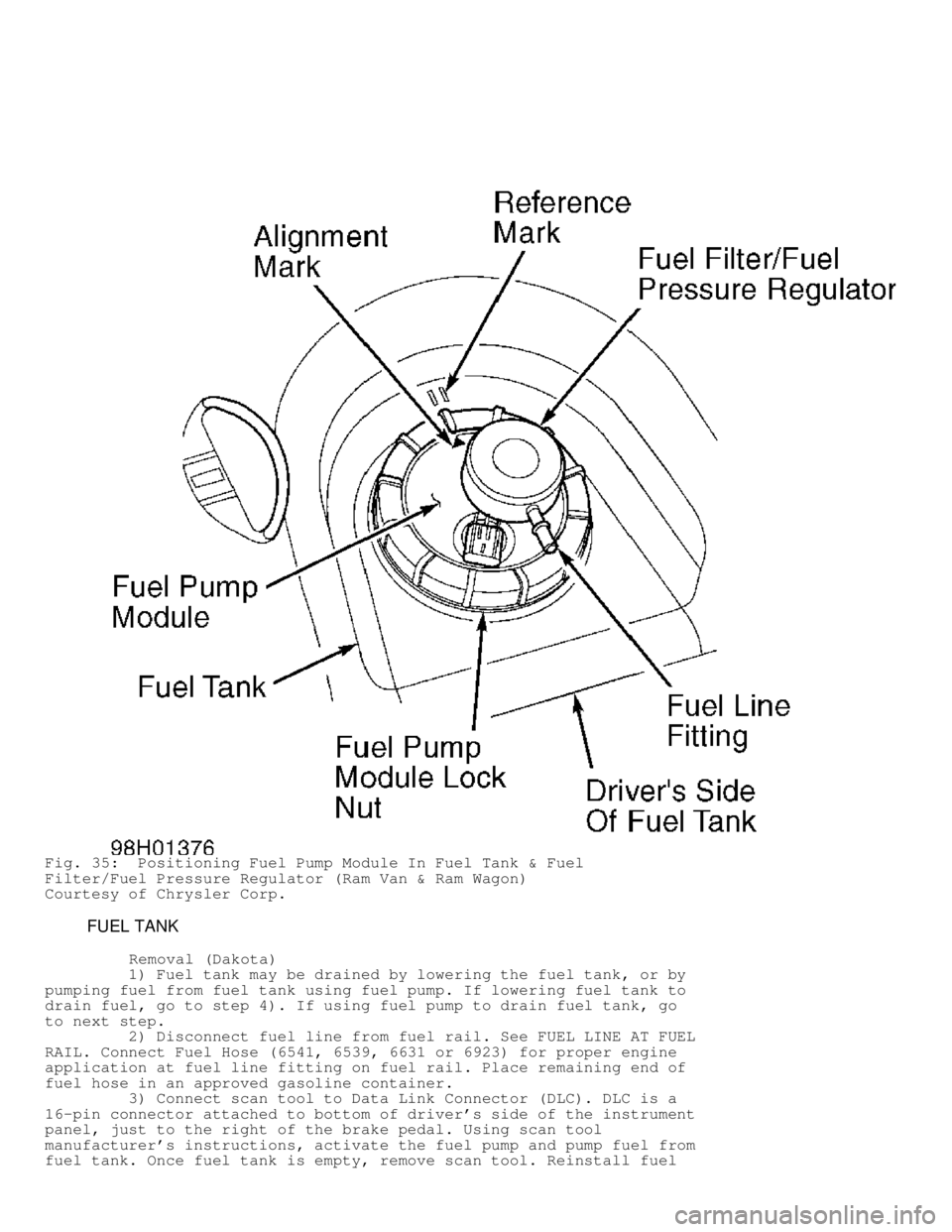 DODGE RAM 1999 Service Repair Manual Fig. 35: Positioning Fuel Pump Module In Fuel Tank & Fuel
Filter/Fuel Pressure Regulator (Ram Van & Ram Wagon)
Courtesy of Chrysler Corp.
FUEL TANK
Removal (Dakota)
1) Fue DODGE RAM 1999 Service Repair Manual Fig. 35: Positioning Fuel Pump Module In Fuel Tank & Fuel
Filter/Fuel Pressure Regulator (Ram Van & Ram Wagon)
Courtesy of Chrysler Corp.
FUEL TANK
Removal (Dakota)
1) Fue