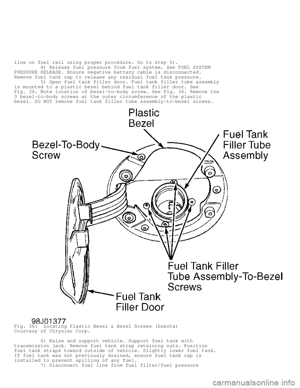 DODGE RAM 1999 Service Repair Manual line on fuel rail using proper procedure. Go to step 5).
4) Release fuel pressure from fuel system. See FUEL SYSTEM
PRESSURE RELEASE. Ensure negative battery cable is disconnected.
Remove fue DODGE RAM 1999 Service Repair Manual line on fuel rail using proper procedure. Go to step 5).
4) Release fuel pressure from fuel system. See FUEL SYSTEM
PRESSURE RELEASE. Ensure negative battery cable is disconnected.
Remove fue
