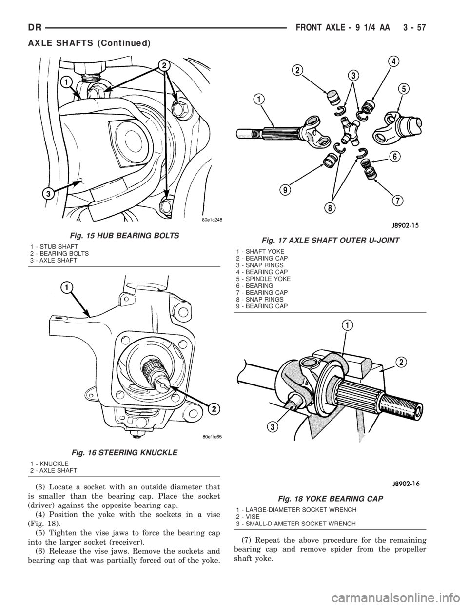 DODGE RAM 2003  Service Repair Manual (3) Locate a socket with an outside diameter that
is smaller than the bearing cap. Place the socket
(driver) against the opposite bearing cap.
(4) Position the yoke with the sockets in a vise
(Fig. 18
