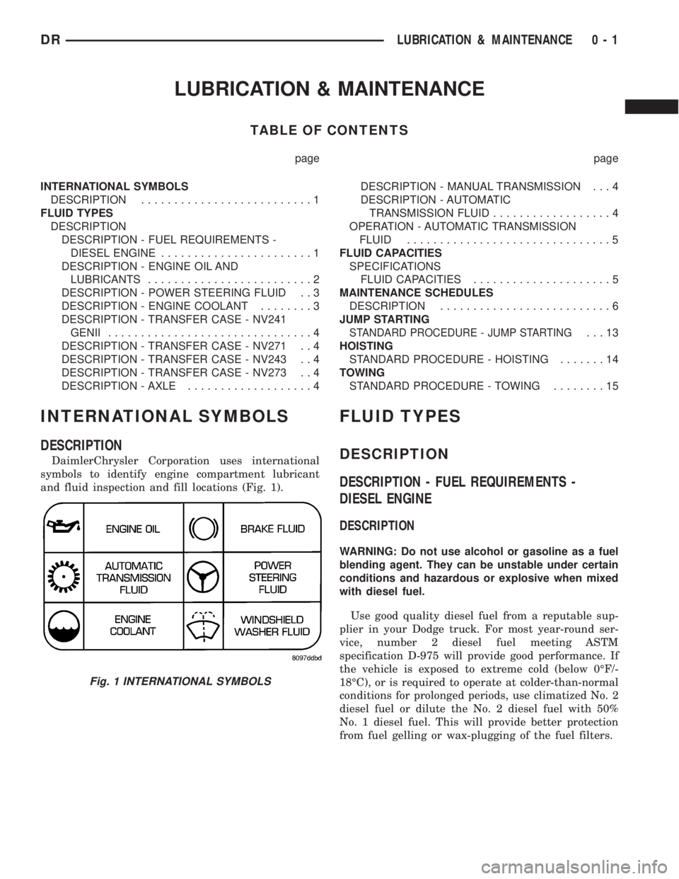 DODGE RAM 2003 Service User Guide LUBRICATION & MAINTENANCE
TABLE OF CONTENTS
page page
INTERNATIONAL SYMBOLS
DESCRIPTION..........................1
FLUID TYPES
DESCRIPTION
DESCRIPTION - FUEL REQUIREMENTS -
DIESEL ENGINE.............. DODGE RAM 2003 Service User Guide LUBRICATION & MAINTENANCE
TABLE OF CONTENTS
page page
INTERNATIONAL SYMBOLS
DESCRIPTION..........................1
FLUID TYPES
DESCRIPTION
DESCRIPTION - FUEL REQUIREMENTS -
DIESEL ENGINE..............