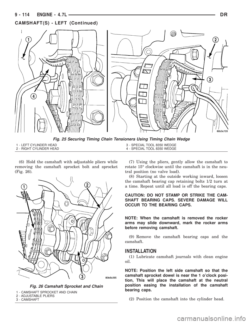 DODGE RAM 2003  Service Repair Manual (6) Hold the camshaft with adjustable pliers while
removing the camshaft sprocket bolt and sprocket
(Fig. 26).(7) Using the pliers, gently allow the camshaft to
rotate 15É clockwise until the camshaf