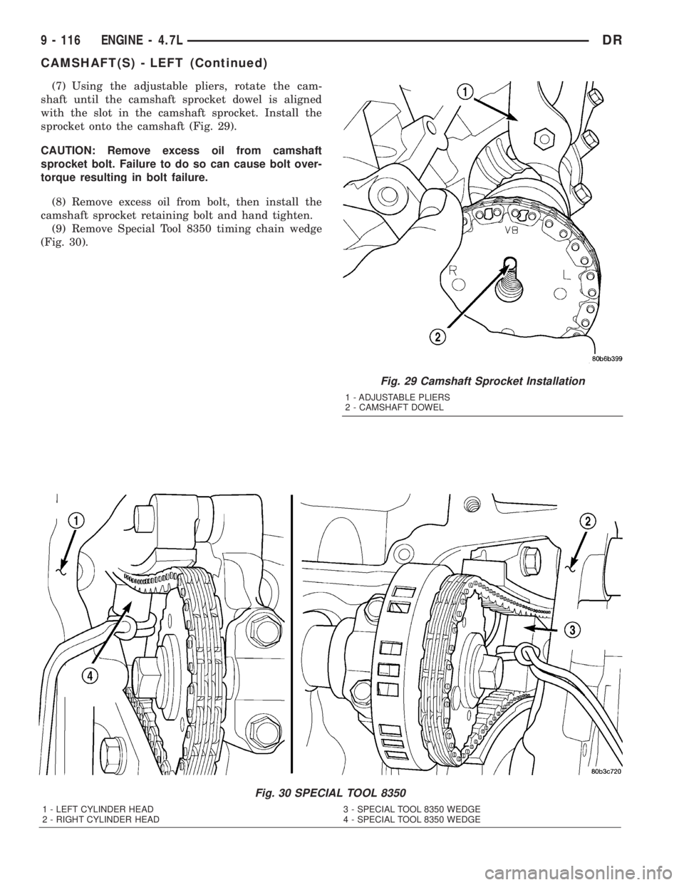 DODGE RAM 2003  Service Repair Manual (7) Using the adjustable pliers, rotate the cam-
shaft until the camshaft sprocket dowel is aligned
with the slot in the camshaft sprocket. Install the
sprocket onto the camshaft (Fig. 29).
CAUTION: R
