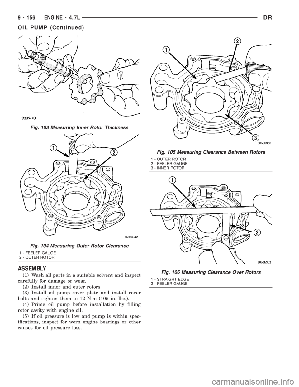 DODGE RAM 2003  Service Repair Manual ASSEMBLY
(1) Wash all parts in a suitable solvent and inspect
carefully for damage or wear.
(2) Install inner and outer rotors
(3) Install oil pump cover plate and install cover
bolts and tighten them