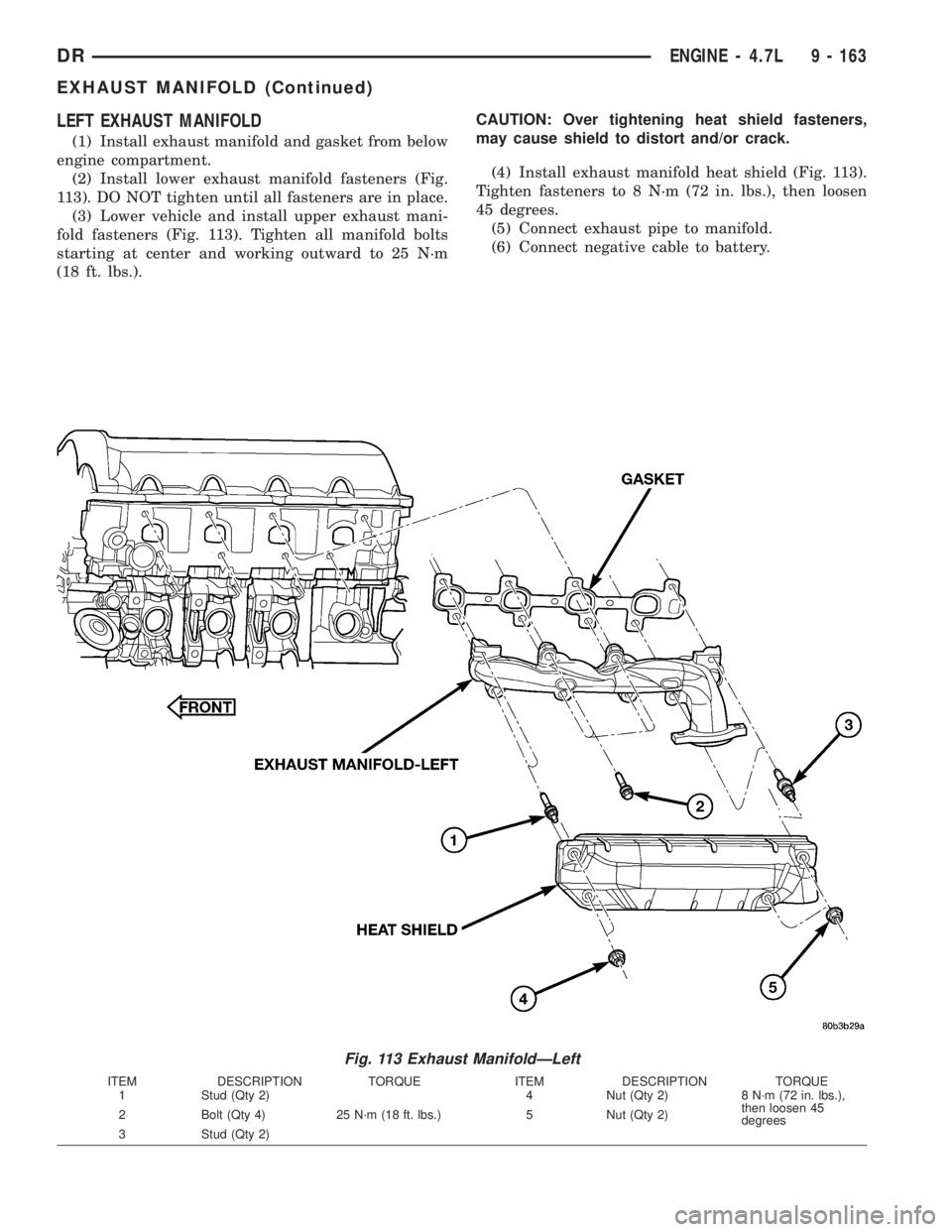 DODGE RAM 2003  Service Repair Manual LEFT EXHAUST MANIFOLD
(1) Install exhaust manifold and gasket from below
engine compartment.
(2) Install lower exhaust manifold fasteners (Fig.
113). DO NOT tighten until all fasteners are in place.
(