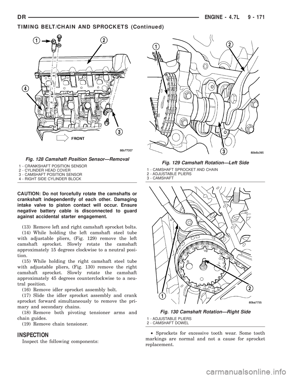 DODGE RAM 2003  Service Repair Manual CAUTION: Do not forcefully rotate the camshafts or
crankshaft independently of each other. Damaging
intake valve to piston contact will occur. Ensure
negative battery cable is disconnected to guard
ag